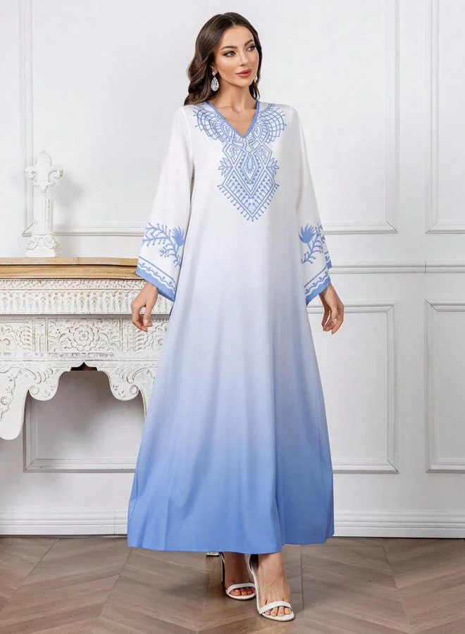 Take Two Women Blue Printed Bell Sleeve A-Line Jalabiya